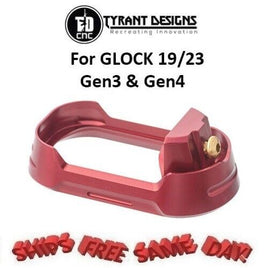 Tyrant Designs Glock 19/23 Magwell RED, GOLD Screw # TD-G19-G34-MW-RED-GLDSCRW